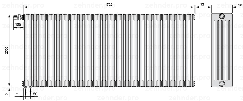 Схема (чертеж) Радиатор Zehnder Charleston 6250/37 №V001 Белый глянцевый RAL 9016